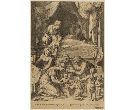 NO RESERVE Cort (Cornelis, 1533-1578) The Birth of Mary, after Taddeo Zuccaro, engraving on laid paper with partial armorial 