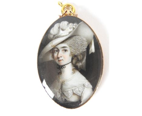 Circle of Engleheart (British, 1750-1829) A portrait miniature of a lady, wearing a white wide brimmed hat and white dress wi