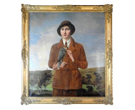 James Robert Granville Exley (1878-1967) 'The Young Falconer', portrait of Mary Exley, three quarter length wearing a brown c