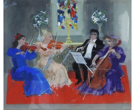 Frank Archer (1912-1995) Mozart in the village church, signed lower left, mixed media, 23 x 28cm