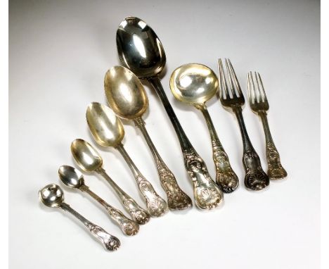 A harlequin part set of Queens pattern silver flatware, various dates and makers, comprising; a basting spoon, eleven dessert