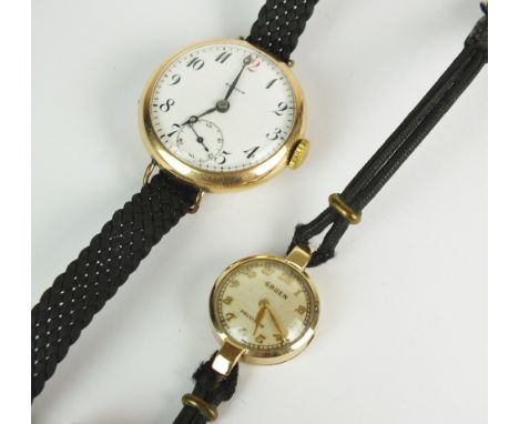 A Lady's Zenith wristwatch, stamped '14k', the white enamel dial with Arabic numerals and subsidiary seconds dial, the gilt m