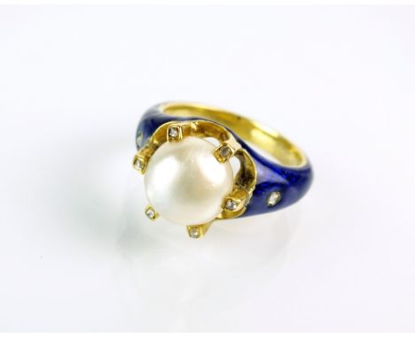 A 19th century single pearl and blue enamel ring, designed as a central pearl within six diamond set claws mounted to blue en