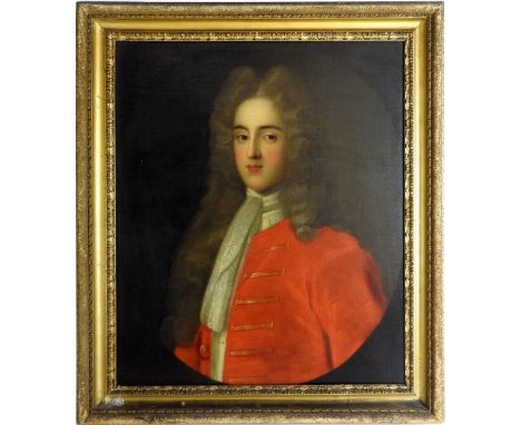 English school, early 18th century Portrait of a gentleman, half length wearing a red jacket and lace cravat, within a painte