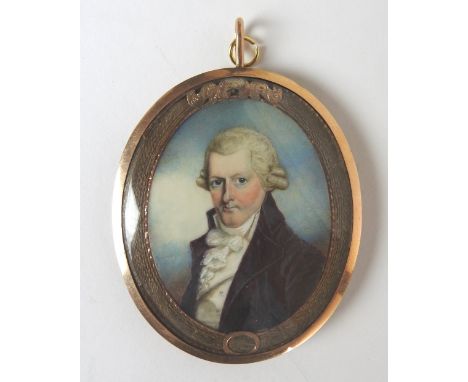 Irish School, late 18th century A portrait miniature of a gentleman wearing a brwon coat, white wasitcoat, stock and cravat, 