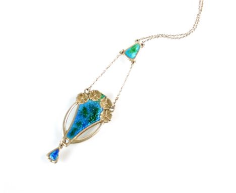 An early 20th century Charles Horner silver and enamel pendant on chain, designed as a blue-green enamelled tapering plaque e