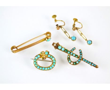 A turquoise and seed pearl horseshoe bar brooch, together with a further turquoise and pearl brooch, a pair of drop earrings 