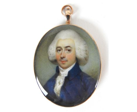 Horace Hone (Irish, 1756-1825)A portrait miniature of a gentleman, head and shoulders wearing a blue coat, stock and white la