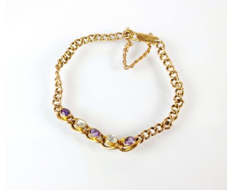 A moonstone and amethyst set curb link bracelet, the clasp stamped '9c', weight 4.8g