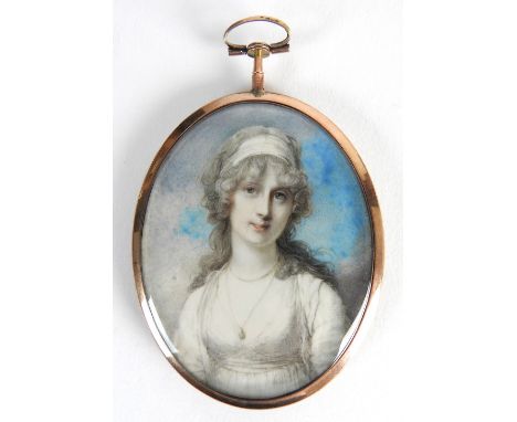Richard Cosway RA (1742-1821)Portrait miniature of a young lady wearing a white dress and bandeau in her powered hair, with a