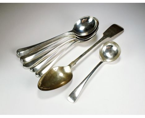 A matched set of six Hanoverian pattern silver soup spoons, Sheffield, together with a silver Fiddle pattern basting spoon an