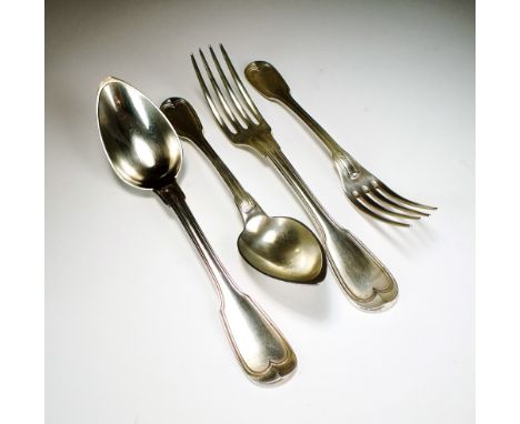 A matched collection of French silver Fiddle and Thread pattern flatware, comprising; twelve table forks, five dessert forks,