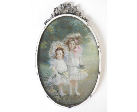 H Nicholson (British school, early 20th century)Portrait miniature of two young girls wearing white dresses and frilled bonne