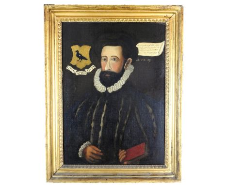 British school, 19th century Portrait of a gentleman in Tudor dress, inscribed 'While I breathe I hope' and 'in the year of '