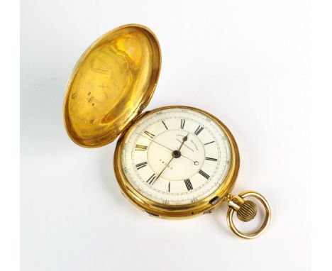 A late 19th century 18ct gold full hunter chronograph pocket watch, hallmarked Chester 1882, the white enamel dial with black