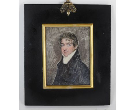 Frederick Cruickshank (British, 1800-1868)An unfinished portrait of a gentleman called George Eyre, wearing a black coat and 