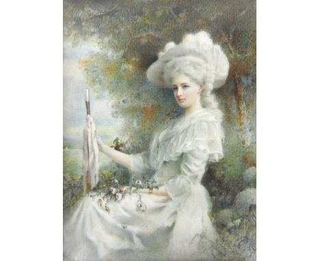 H Nicholson (British school, early 20th century)Portrait miniature of a young lady wearing a elaborate hat and white dress, h