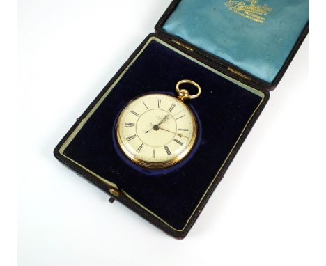 A Gentleman's late 19th century 18ct gold open face chronograph pocket watch, Chester 1872, the white enamel dial with black 