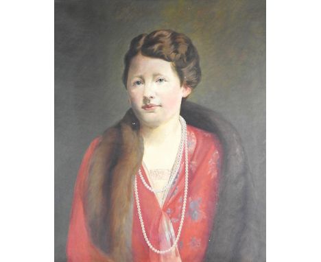 James Robert Granville Exley (1878-1967) Portrait of Elizabeth Exley, half length wearing a red dress, pearls and a fur wrap,