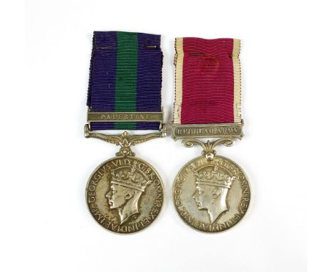 A George VI medal pair, comprising; general service medal with one clasp 'Palestine' and army long service and good conduct m