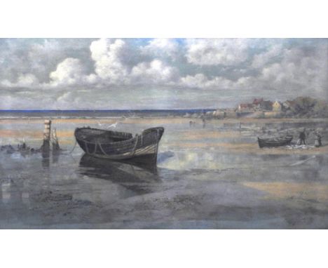 R Webster Wellesley (Exh.1887-1903)Extensive coastal view with beached fishing boat and fishing village beyond, signed lower 