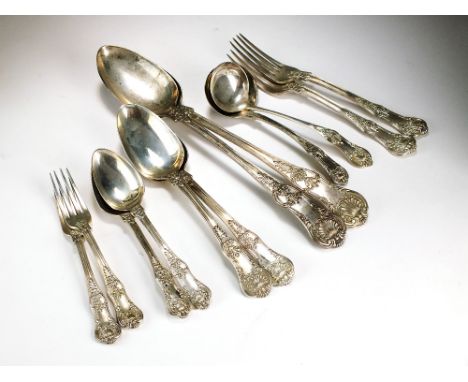 A set of George IV silver Queens pattern flatware, William M Traies, London 1823 & 1824, comprising; twelve tablespoons, two 