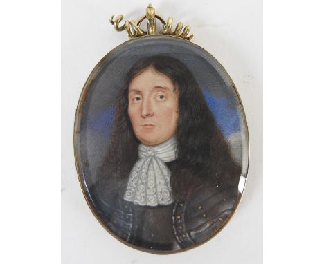David Des Granges (c.1611-1671)Portrait miniature of a gentleman wearing silver armour with gilt studs, with frilled white cr