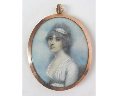 Andrew Plimer (British, 1763-1837) Portrait miniature of a lady, wearing a white dress and a bandeau in her powdered hair, ov