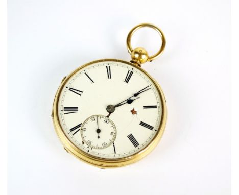 A mid 19th century 18ct gold open face pocket watch, Chester 1857, the white enamel dial with black Roman numerals and subsid