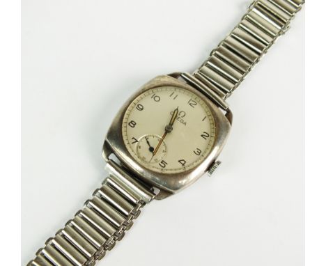 A Gentleman's silver cased Omega wristwatch, circa 1940, the white circular dial with Arabic numerals and subsidiary seconds 