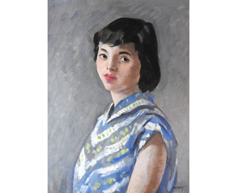 Philip Naviasky 1894-1983) Portrait of a young lady, half length wearing a bluse dress with white stripes, signed lower right