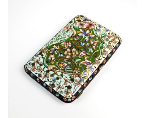 An early 20th century Russian silver and cloisonne enamel cigarette case, 20th Artel, Moscow, circa 1908, the case of rectang