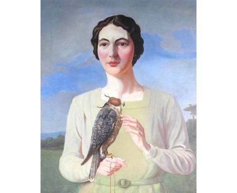James Robert Granville Exley (1878-1967) Portrait of a Mary Exley, full length wearing a lime green dress and holding a falco