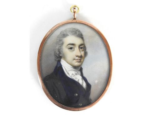 George Engleheart (British, 1750-1829)Portrait miniature of a gentleman, wearing a black coat over a dark blue coat and white