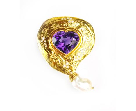 An 18ct yellow gold amethyst, baroque pearl and diamond brooch by Elizabeth Gage, designed as a central faceted heart-shaped 