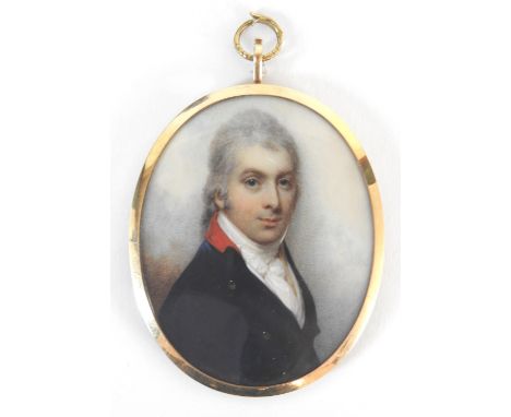 William Wood (British, 1769-1810)A portrait miniature of a gentleman wearing a blue coat with a scarlet collar, a white waist