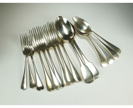 A collection of silver flatware, various dates and makers, comprising; two Fiddle pattern serving spoons, seven table forks, 