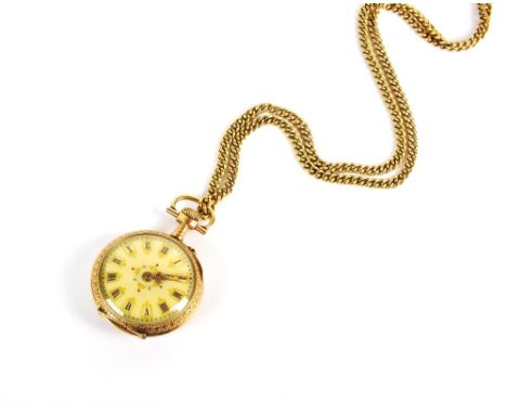 A lady's Swiss red enamel and rose cut diamond set fob watch, the decorative cream dial with dark red Roman numerals, the gil