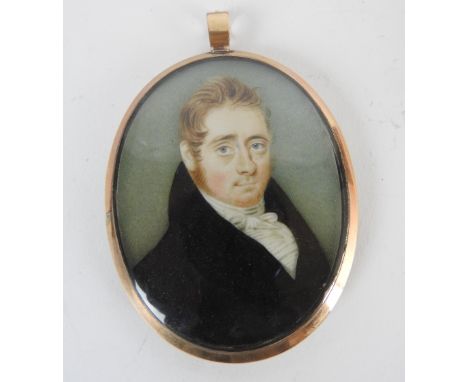 British school, Early 19th century, Portrait miniature of a young man, wearing a black coat, white waistcoat, cravat and stoc