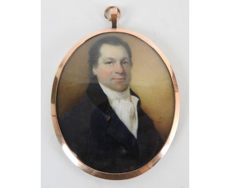 Horace Hone ARA (Irish, 1756-1825)A portrait miniature of a gentleman wearing a dark blue coat with a black collar over a whi