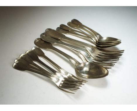 A matched collection of French silver Fiddle and Thread pattern flatware, comprising; four dessert spoons and five dessert fo