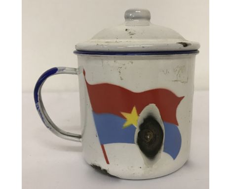 Vietnam War Era Vietcong enamel lidded rice cup "Nation Liberation Front Vietnam".  Approx. 12cm tall.