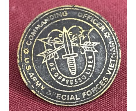 Vietnam War era interest US Army Special Forces beer can badge. Circular shaped with pin back. Approx. 2.5cm diameter.