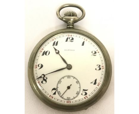 A Vintage white metal Ultimo Pocket Watch engraved to reverse with Machine Gun Corps motif. With subsidiary seconds dial. In 