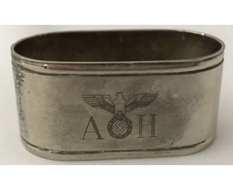 WW2 interest, silver plated napkin ring engraved with eagle motif and initials AH for Adolf Hitler.  Approx. 5.5cm x 3cm.