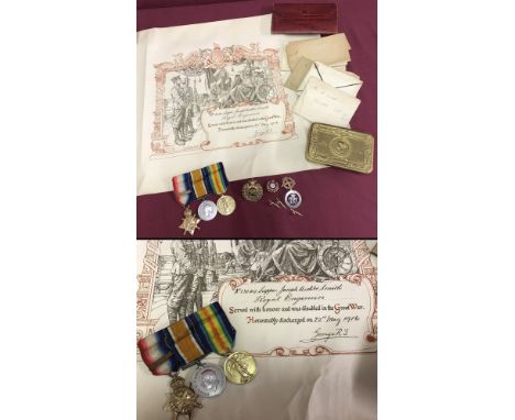 WWI "Old Contemptibles" medal trio together with related badges and paperwork.&nbsp;&nbsp;Sapper J.A Smith, Royal Engineers 1