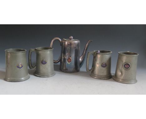 A R.M.S SAXONIA Silver Plated and Enamel Ship's Dining Room Coffee Pot and four pewter ship's mugs 