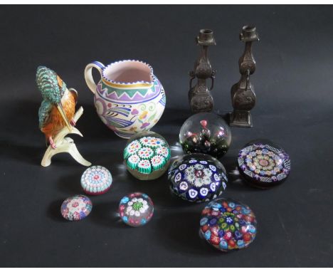 A Goebel Kingfisher, Poole jug, glass paperweights and a pair of Chinese spelter candlesticks (one damaged) 