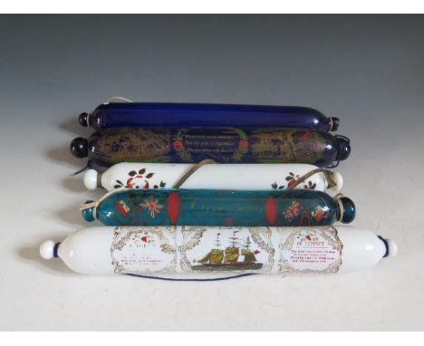 Four Victorian Glass and Enamel Rolling Pins, one with sailor's fairwell 