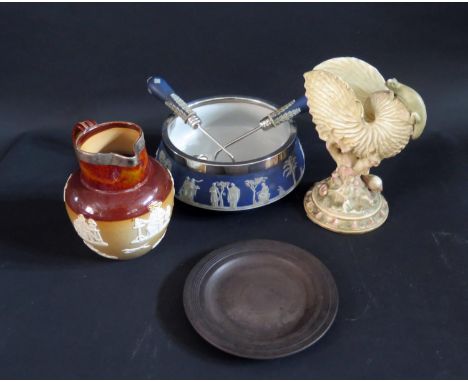 A Wedgwood Blue Jasper Ware Salad Bowl with servers and Basalt ware plate, Doulton stoneware jug with silver rim and Royal Wo